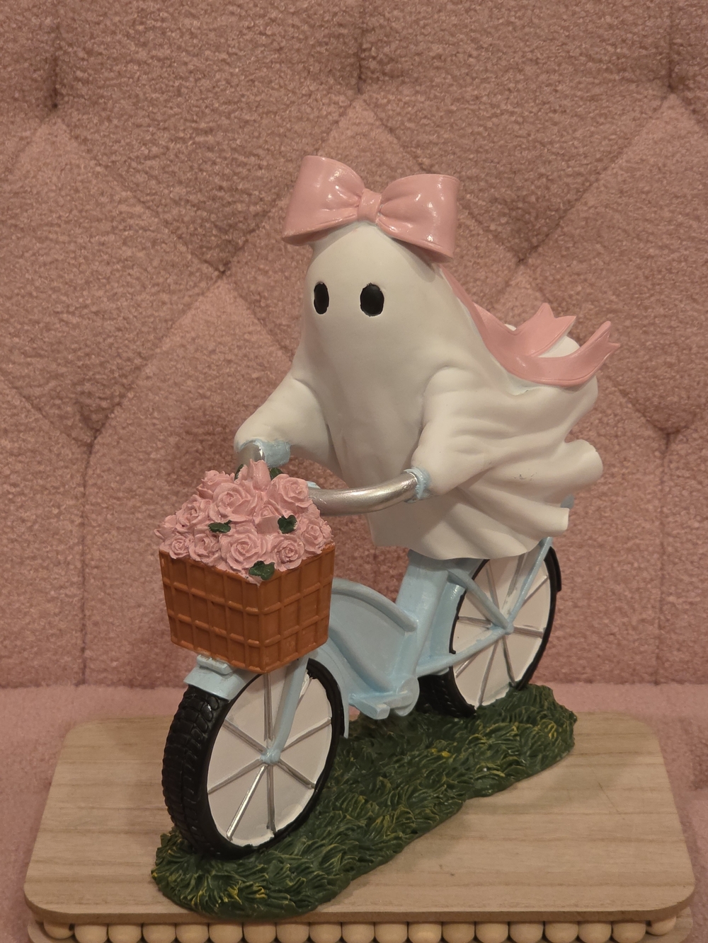 Pink Bow Ghost on Blue Bicycle Figurine with Flower Basket
